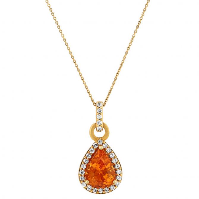 Pear Shaped Spessartine Garnet & Diamond Halo Pendant in Yellow Gold